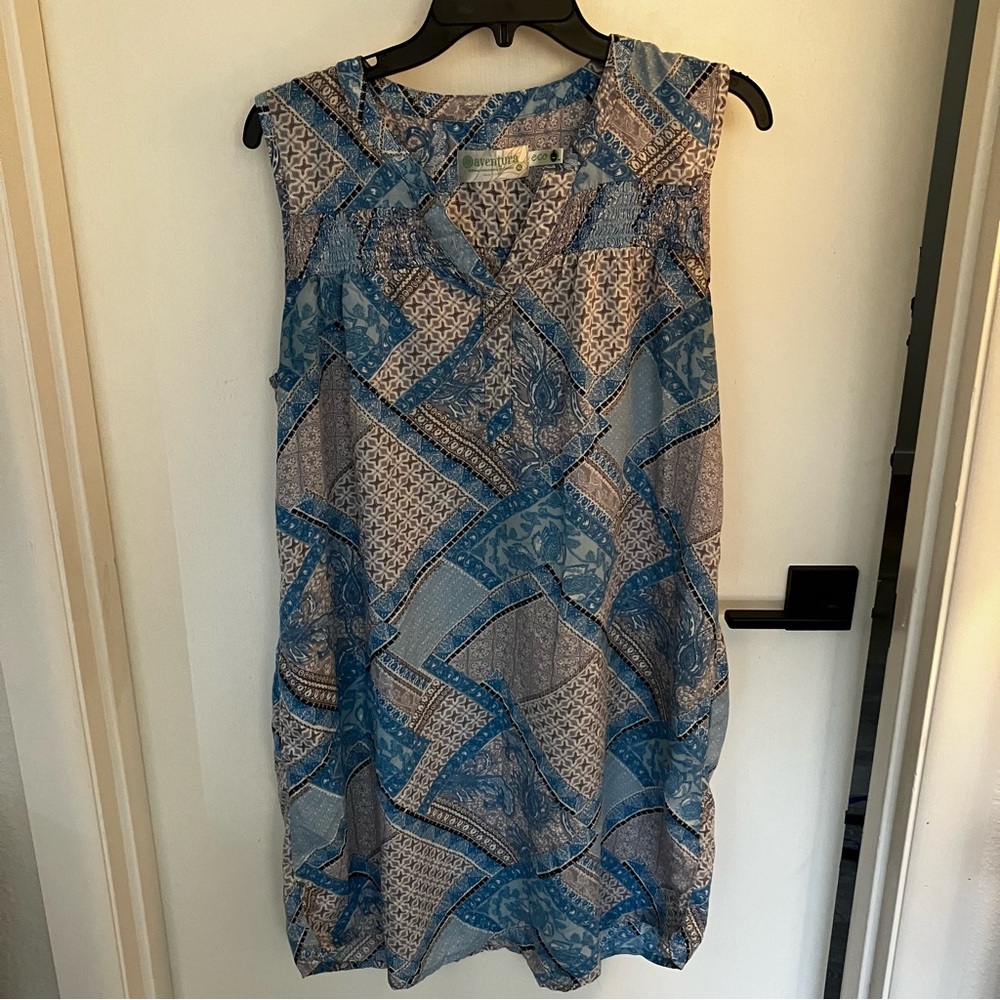Aventura Blue and Tan Sleeveless Dress With Pockets XL